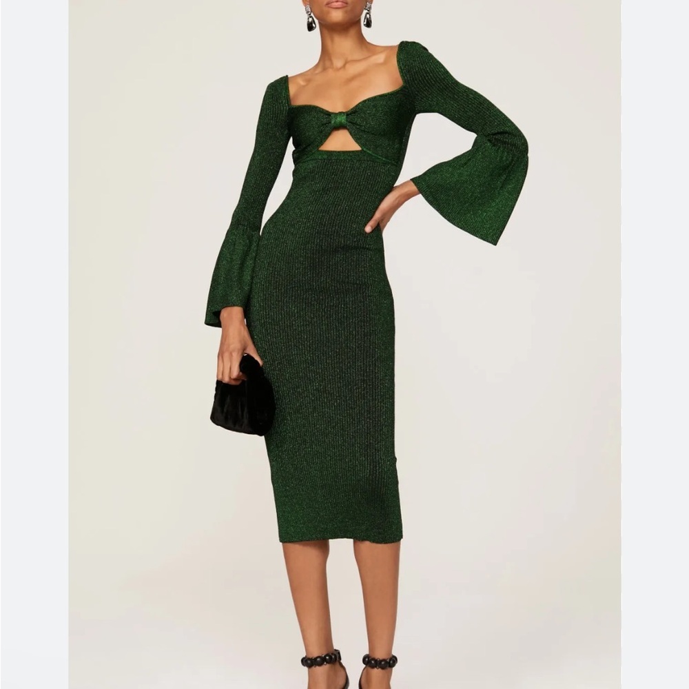 Self-Portrait Emerald Green Knit Midi Dress with Cutout